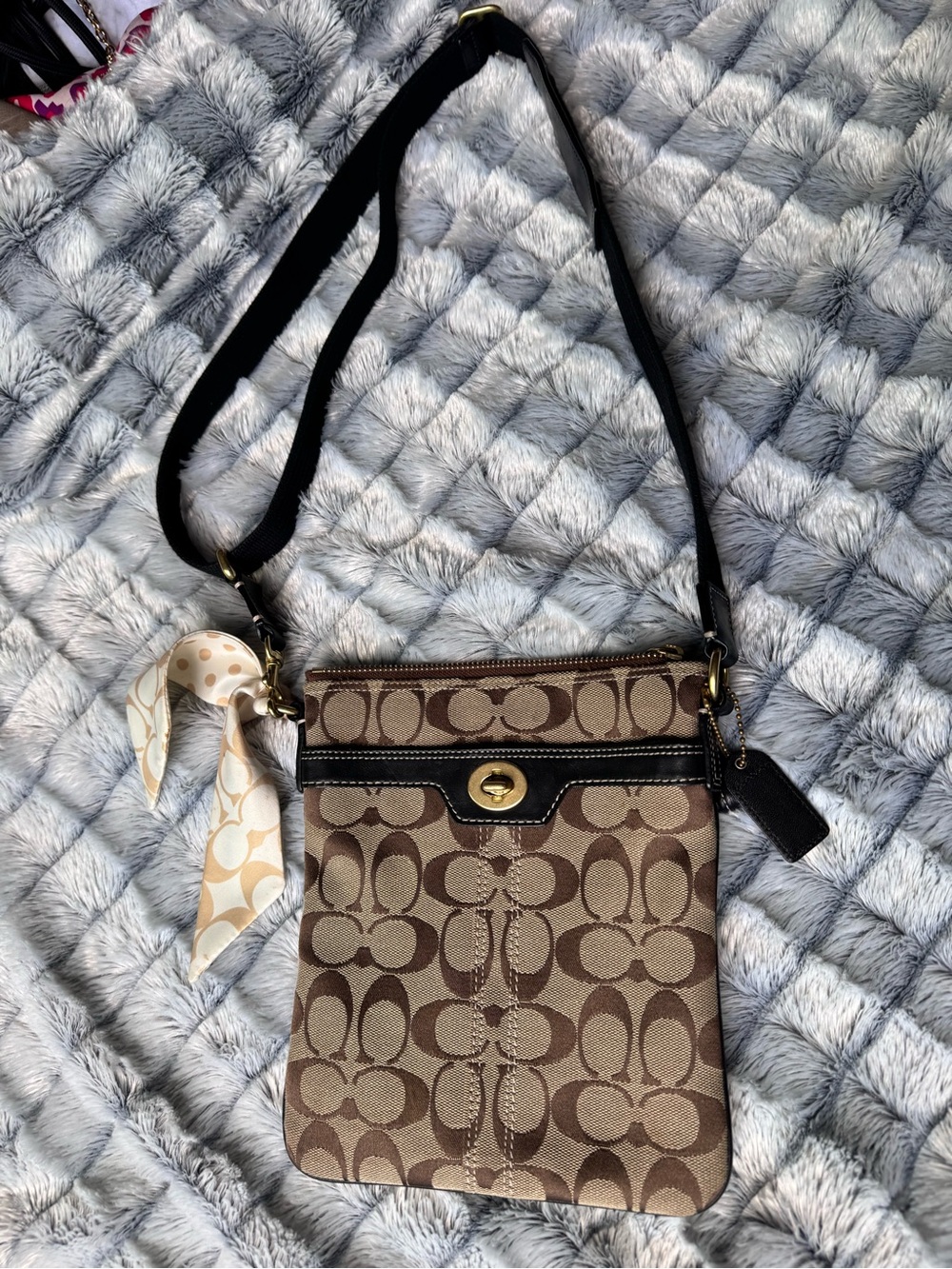 Coach Brown Signature Crossbody with Black Trim and Gold Turnlock